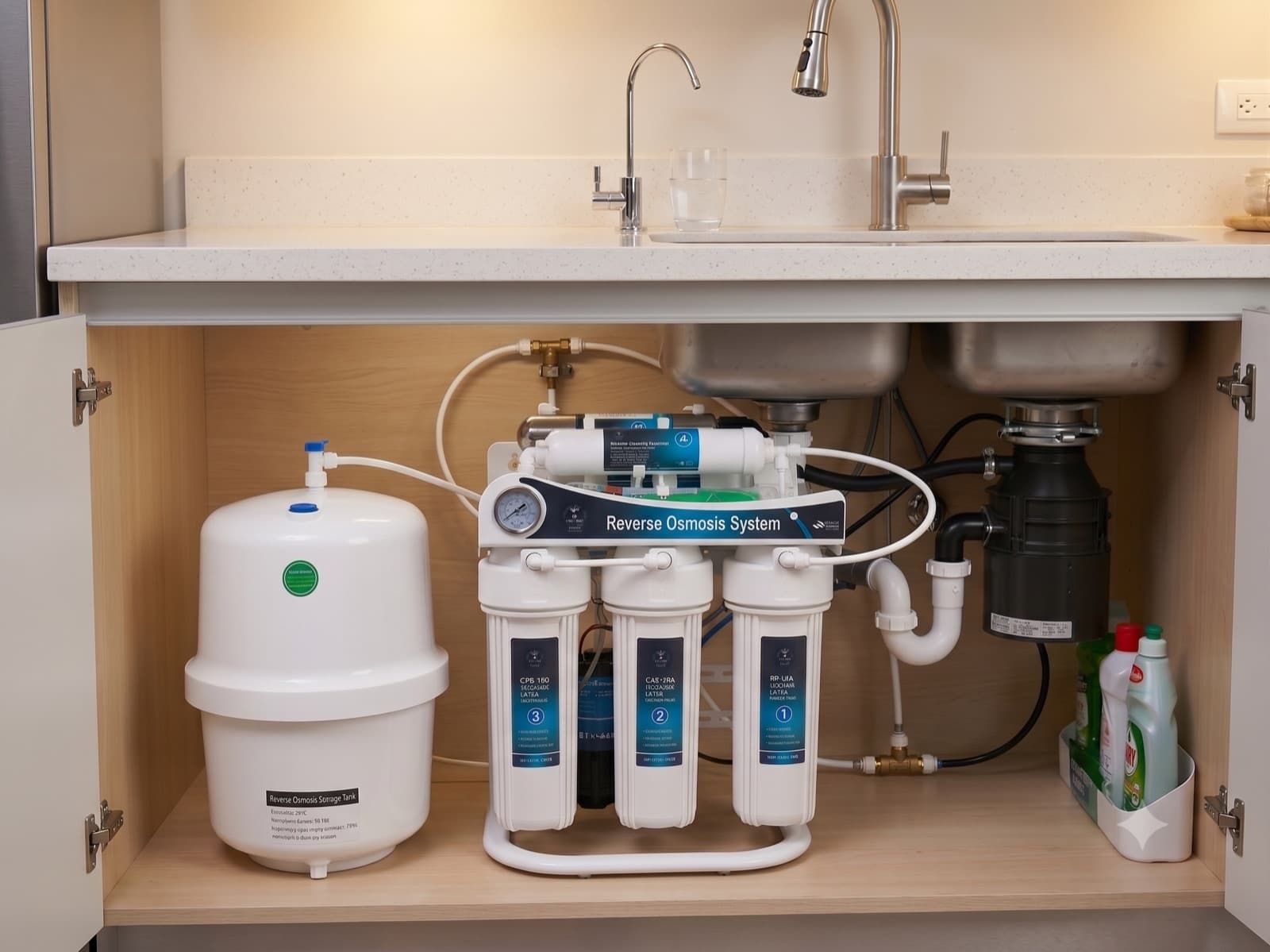 Sistema Live Pure Básico instalado bajo el fregadero, con tanque y cinco portafiltros